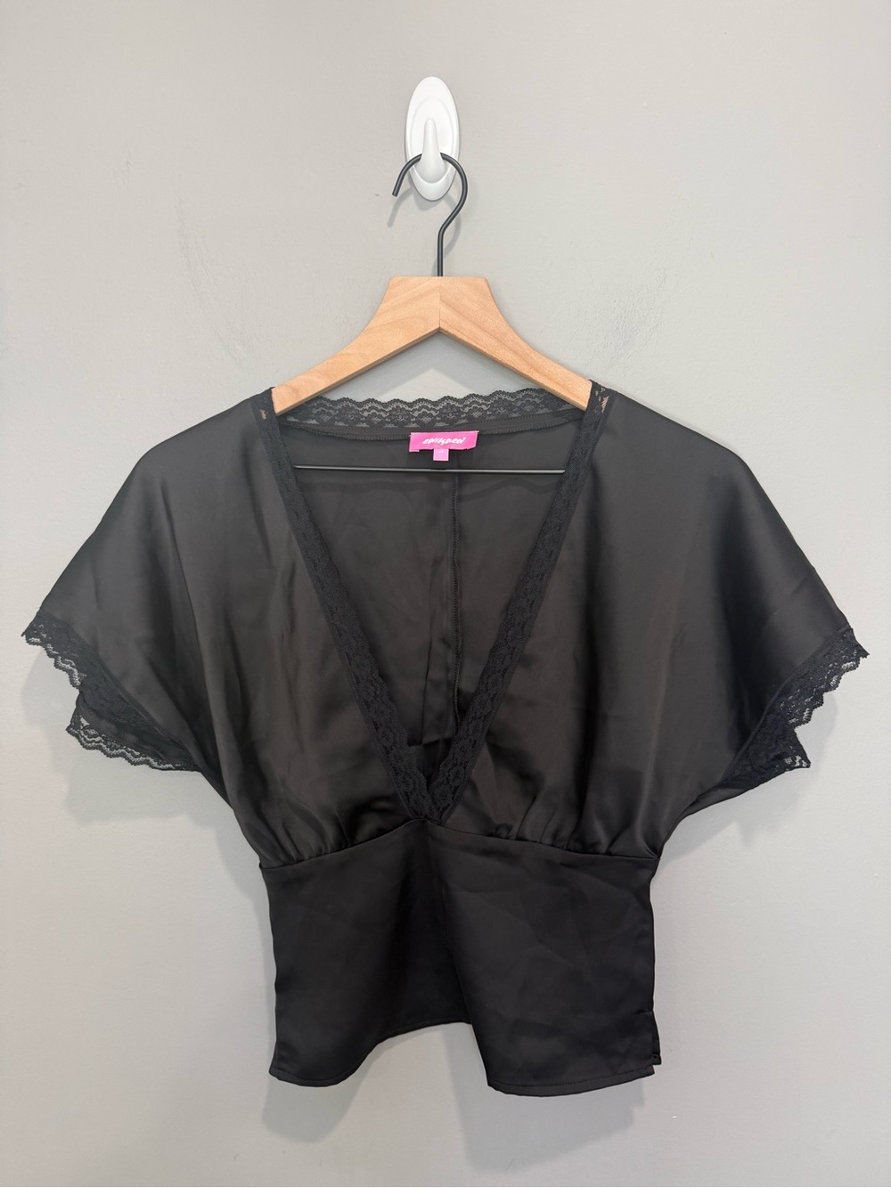 Edikted Black Satin Lace Deep V Peplum Blouse Top XS